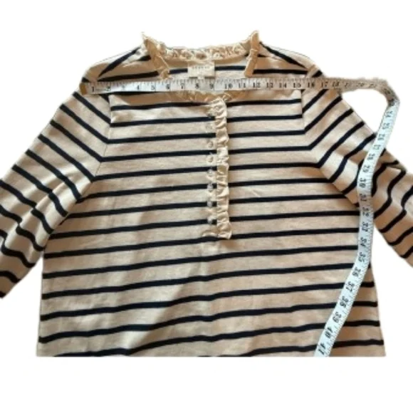 SÉZANE Gael Marienere Ecru Navy Ruffle Edge Button Front Pullover Top XL EUC - Picture 8 of 11